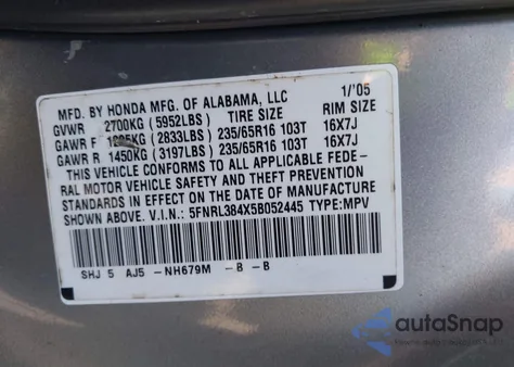 2005 Honda Odyssey Ex from USA, damaged, VIN 5FNRL384X5B052445